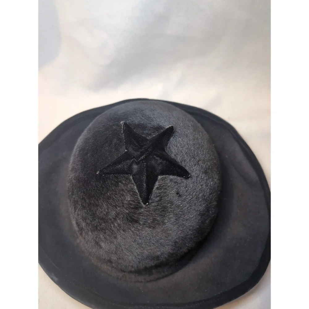 Vintage DOWA NY WOMEN'S Black Star HAT SOLEIL GLACE ITALY VELVET FAUX FUR 22.5